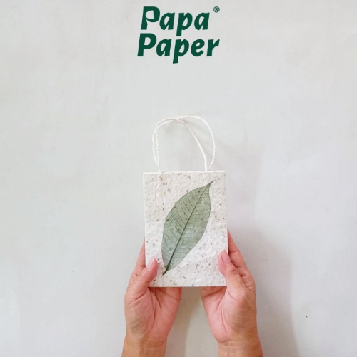 Paper Bag - White mixed shell + Green Leaf 16x11.5x5cm